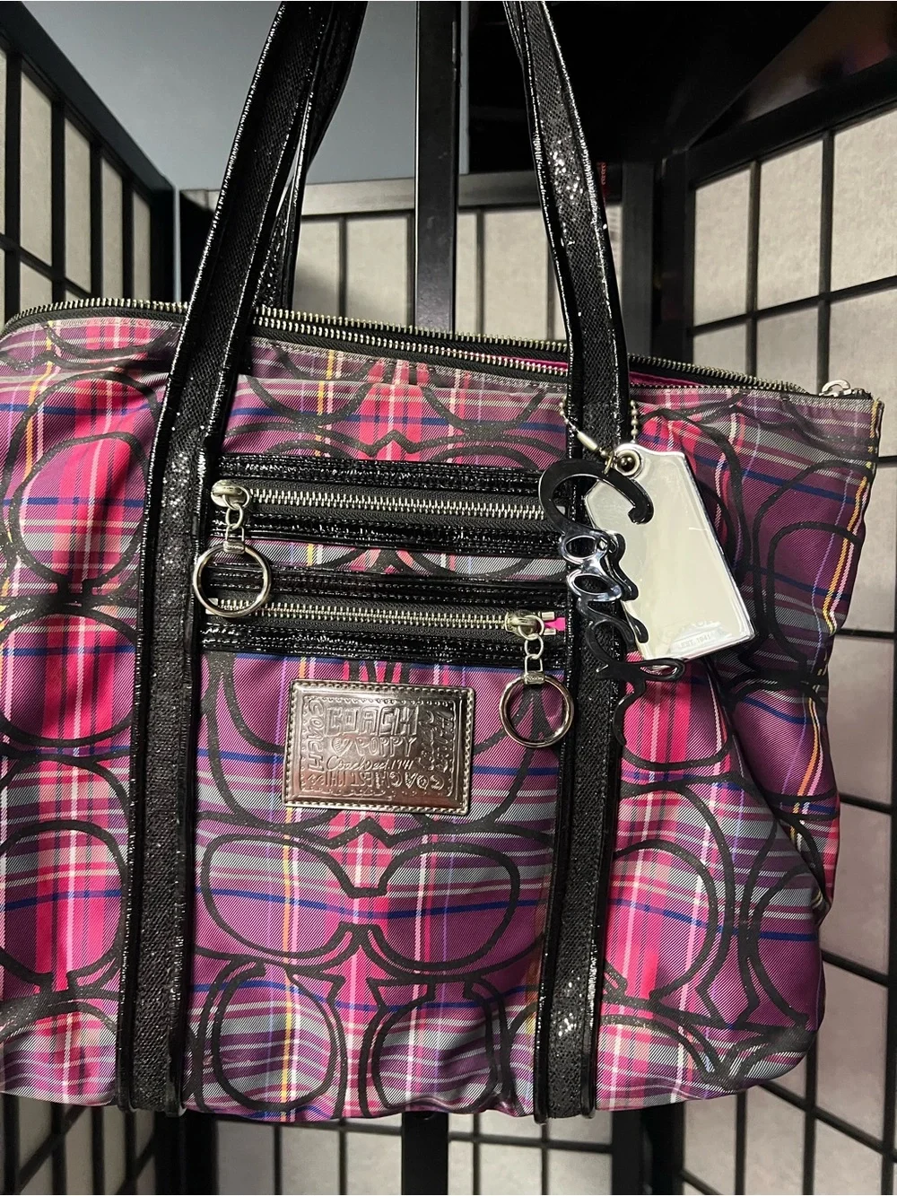 Coach Pink and Purple Signature Plaid Tote with Black Trim